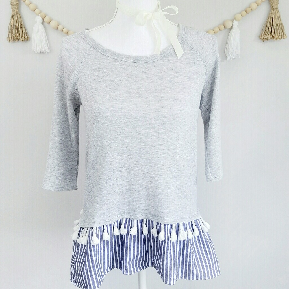 Moa Moa Grey Knit Top Blue Tassel Hem XS EUC Boho